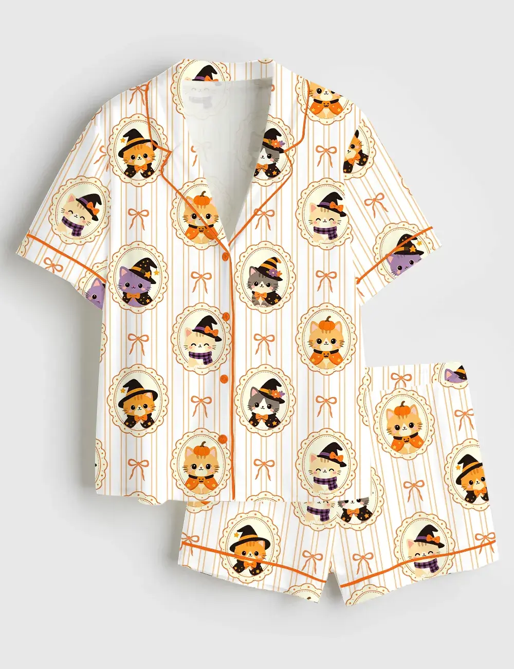 Women’s Halloween Cat Cute Witch Kitty Spooky Season Short & Long Sleeve Silky Satin Pajama Set