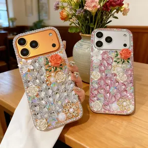 Crystal Flower Cluster Full Diamond Case Cover for iPhone14/15/16 | Orange-Transparent/Pink-Transparent Dual Colors + 3D Rose Pearl + Full Iridescent Rhinestones | Shockproof Scratch-Resistant | Spring Outing Fresh Gorgeous Sparkling Style Aesthetic