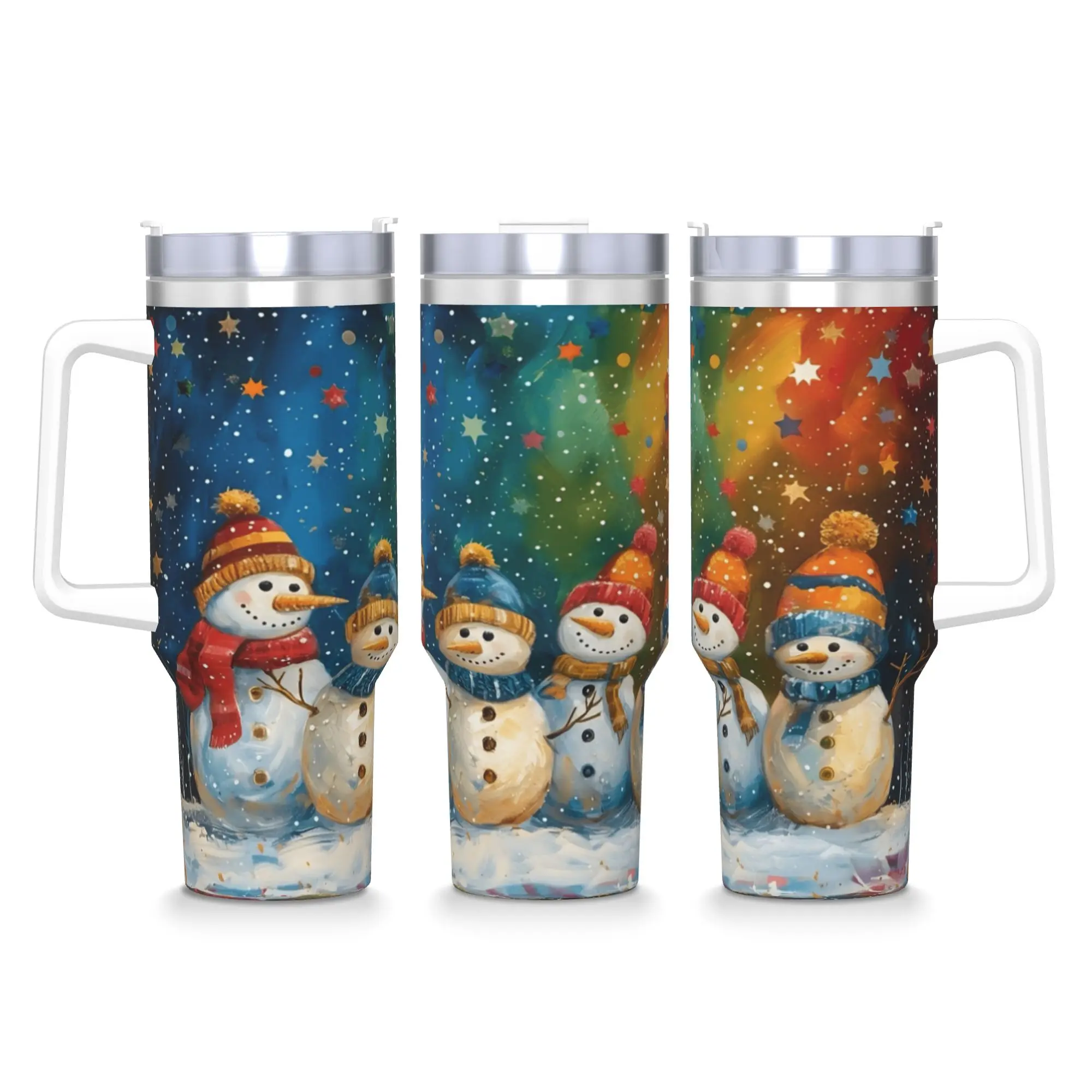 40oz Christmas Snowman Family Print Insulated Tumbler with Handle Straw Lid Holiday Travel Cup