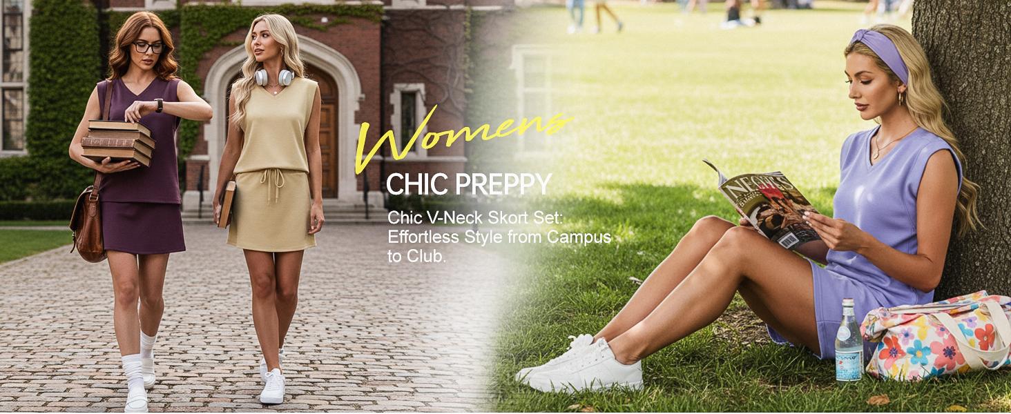 GRECERELLE 2026 Women Summer Casual 2 Piece Outfits Skort Sets Sleeveless V-Neck Top & Tennis Skirt with Pockets for Athletic