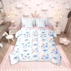 Feelyou 7-Piece Coquette Flower Printed Bedding Set - Blue Bow & Pink Rose Design, Soft Breathable Bedsheet Sets with Soft Comfy Blanket, Queen Size for Aesthetic Room Decor
