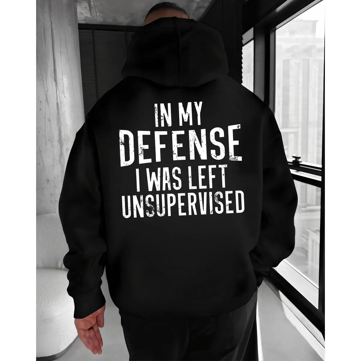 Men's "In My Defense" Graphic Full-Length Long Sleeve Pullover Back Print Hoodie - Casual Menswear Top with Funny Sarcastic Quote, Athletic Fit for Halloween, Valentines Day, Casual Ootd, Funny Quote
