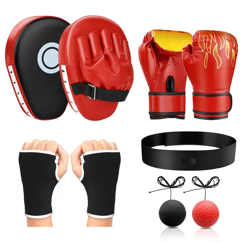 Boxing gloves, 4-in-1 Boxing Gloves and Punching Mitts Set for Boys & Girls, Kids Boxing Gloves Focus Pads with Hand Wraps, Boxing Reflex Ball, Boxing Equipment Set for MMA Karate Muay Thai, Boxing gloves for kids, Kids boxing gloves, Boxing gear