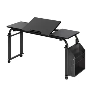 47.24 in Overbed Table with Wheels, Bed Table with Adjustable Tilt Board, Eating Desk, Cross-Bed Desk for Home, Hospital, Bedroom, Black