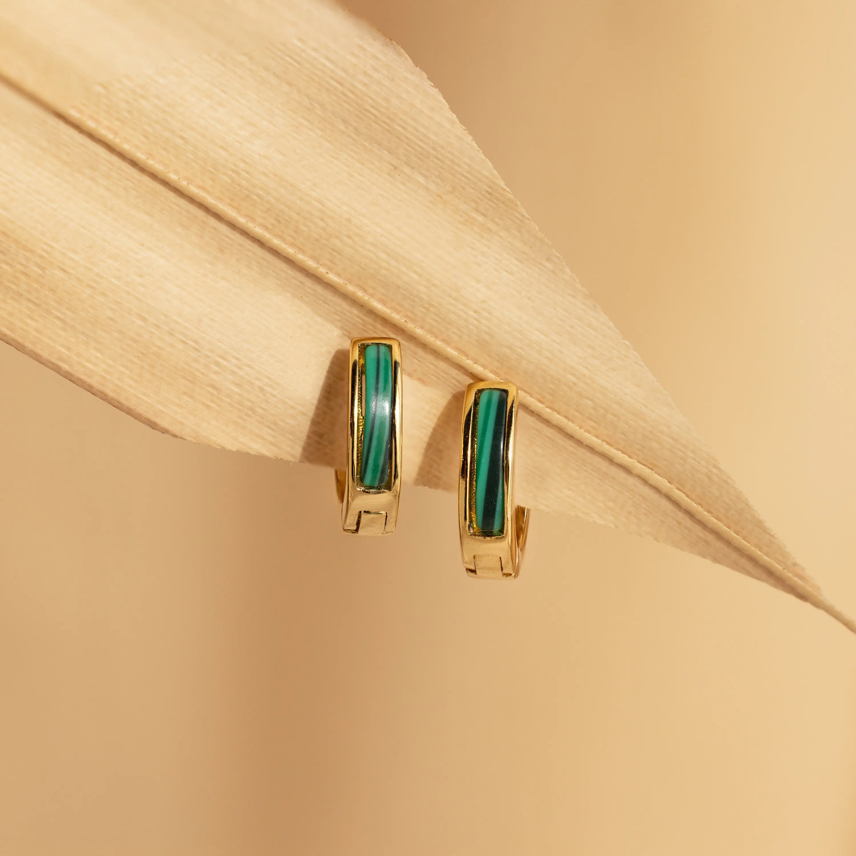 Malachite Inlay Huggies by Caitlyn Minimalist - Dainty Green Gemstone Hoop Earrings - Boho Jewelry - Gift for Her