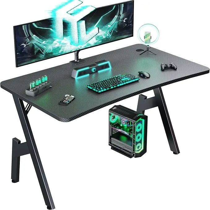 47-Inch A-Shaped Gaming Desk with Carbon Fiber Surface, Ergonomic Curved Design, 200 lb Weight Capacity, Cable Management, Cup Holder, Headphone Hook & Mouse Pad for Home Office & Gaming, Black