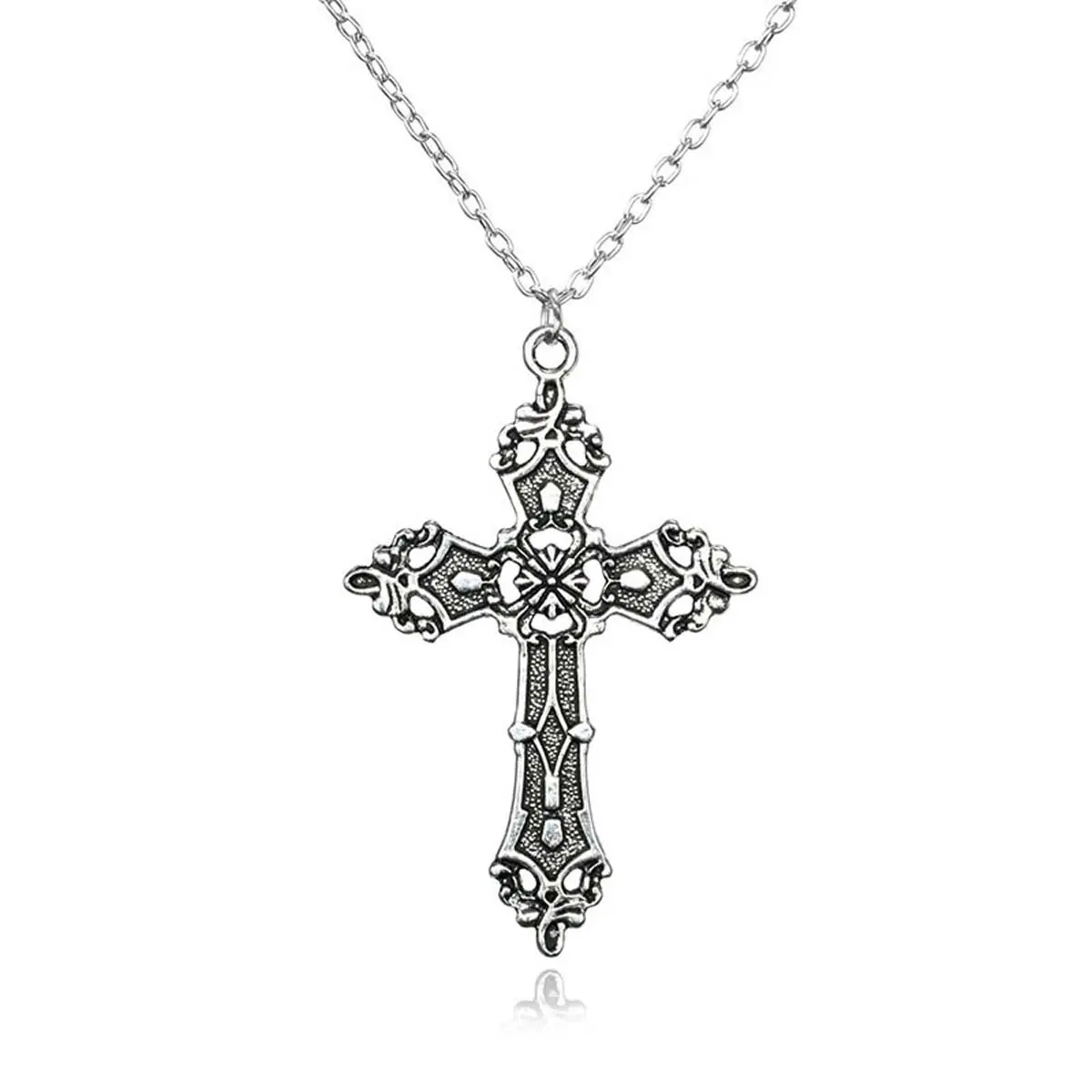Patterned cross pendant necklace clavicle chain long chain silver daily wear gift for men and women, Exquisite Chain Jewelry, Cross Jewelry Print