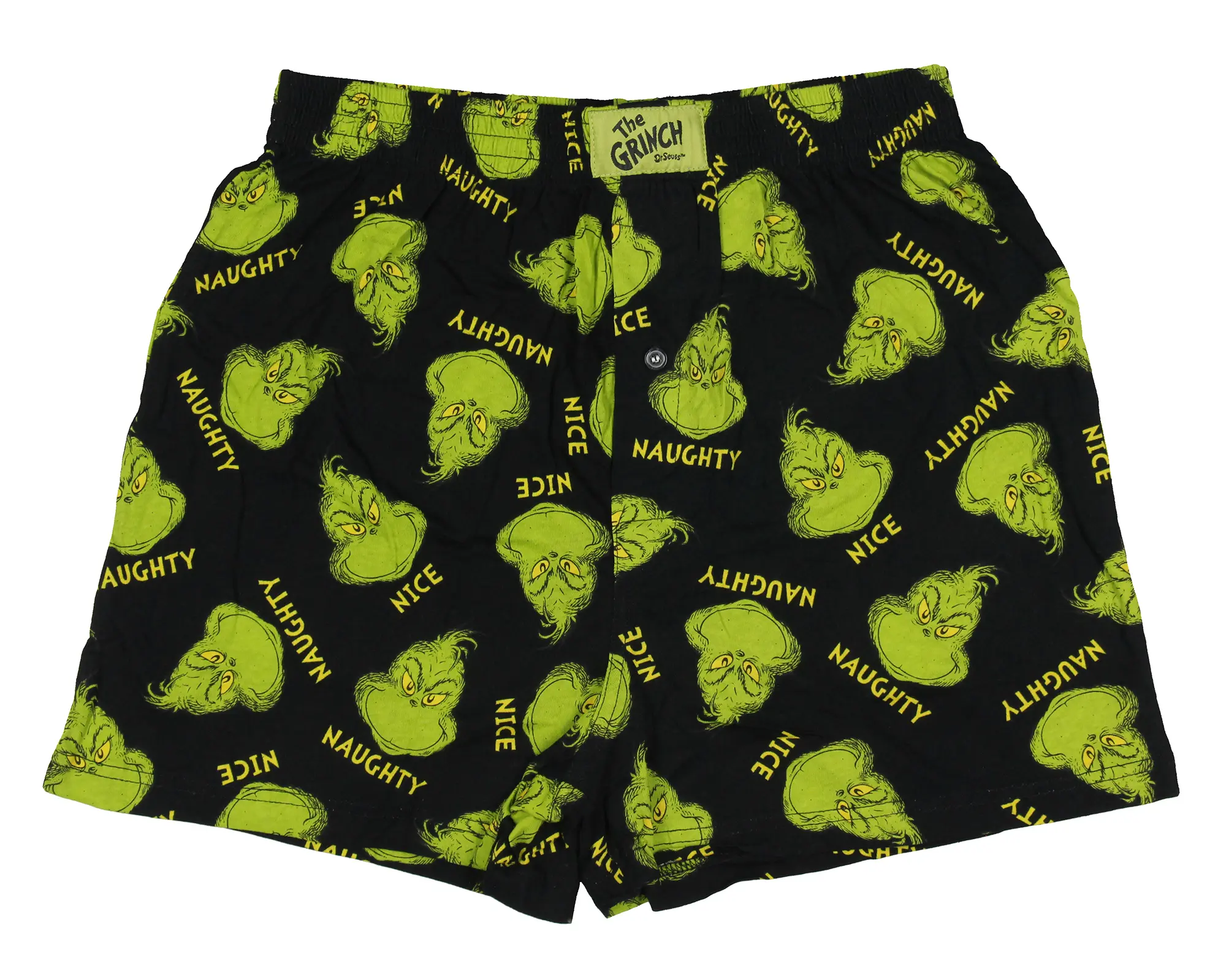 Dr. Seuss The Grinch Men's Naughty Nice Grinch Face Christmas Holiday AOP Lounge Sleep Boxers, Plain