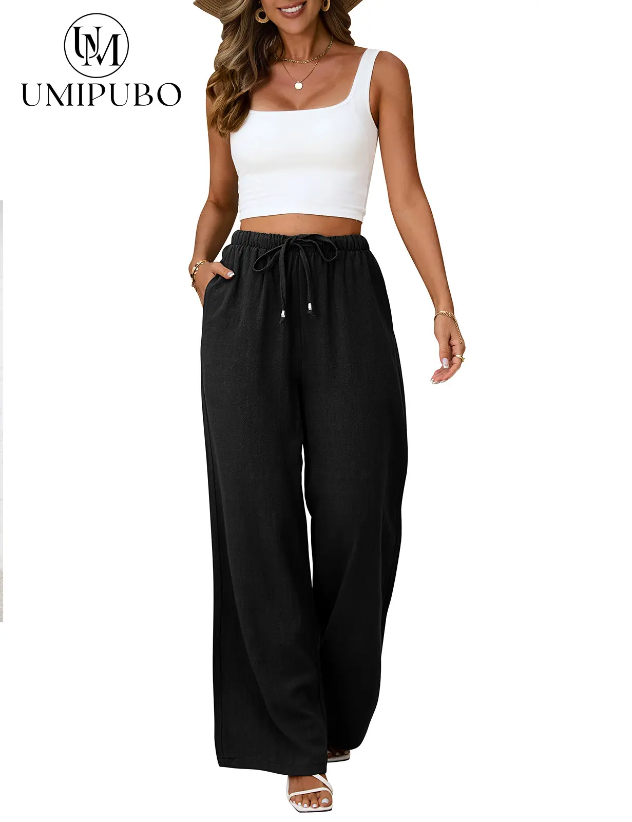 UMIPUBO Summer Womens Linen Pants Casual Wide Leg Pants Summer Palazzo Pants Loose Flowy Beach Pants Drawstring Elastic Trousers SwimWeek