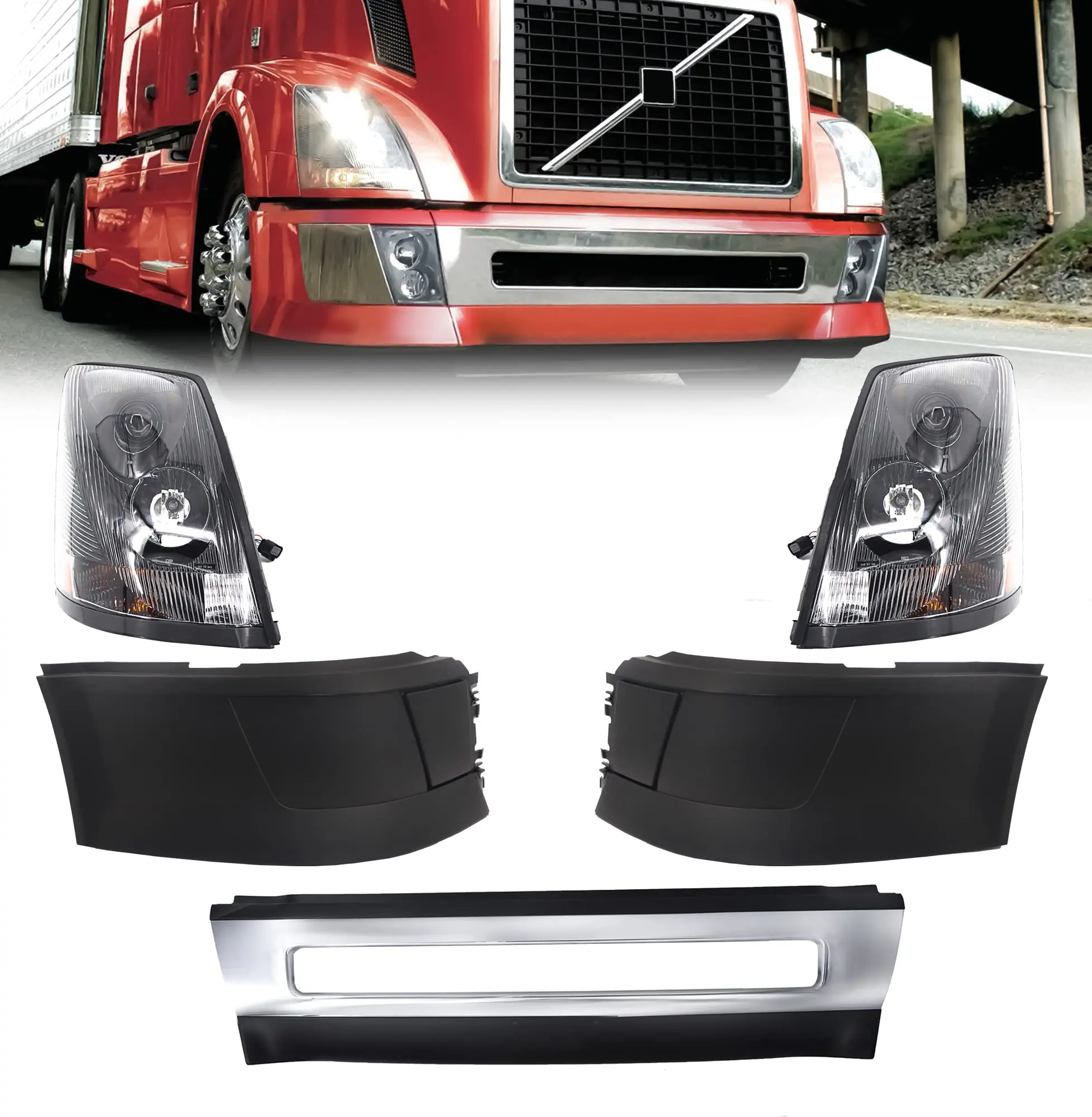 Automotive Vehicle Replacement Parts Kit - Torque Headlight Pair, Center Bumper, Passenger & Driver Side Extension Corner Bumper (No Fog Light Hole) for 2004-2015 Volvo VNL Semi Trucks, DOT SAE Approved (TR001, TR004, TR058)