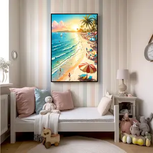 Vibrant Beach Sunset Canvas Print Tropical Coastal Wall Art with Colorful Umbrellas and Palm Trees Summer Vacation Decor for Chill Room Accessories Front Porch Living Room Accent Bedroom and Home Office Paradise Housewarming Gift