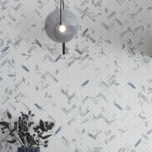 White with Blue-Gray 11x12 Polished Herringbone Porcelain Mosaic Tile (5 pack, 4.76 sq ft/case)