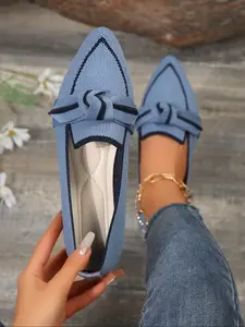 Women's Pointed Toe Knit Flat Shoes, Slip On Flats, Fashionable Flats, Fashion Bow Decor, Breathable Mesh Upper, Slip-On Comfort, Walking Shoes, Casual Commute Wear, All Seasons Footwear