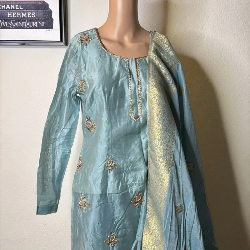 Sea Mist Blue Embroidered 3-Piece Suit with Gold Jacquard Dupatta size M & L