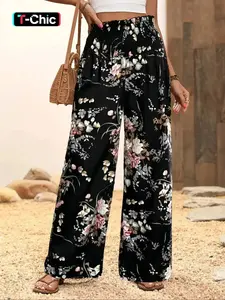 Women's Floral Print Pants, Boho Casual Comfy Loose Wideleg Trousers for Holiday Vacation Daily Wear, Women Bottoms for Summer, Vibrant Pants Women, Loose Legged Pants, Slouchy Palazzo Pants, Flowy Wide Leg