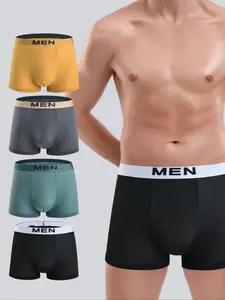 4 pieces of men's boxers' underwear, four cornered underwear, youth underwear, soft and comfortable fabric, casual sports elastic underwear, fashionable, breathable, skin friendly, fashionable, solid color, durable, classic print suitable for daily casual