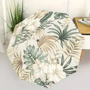 Automatic Folding Umbrella, Tropical Floral Leaf Pattern, 8-Rib Design, Portable and Durable, Ideal for Spring Summer, Gift for Valentine's Day Birthday