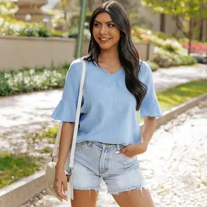 Beau Blue Ruffled Half Sleeve V Neck Textured Top
