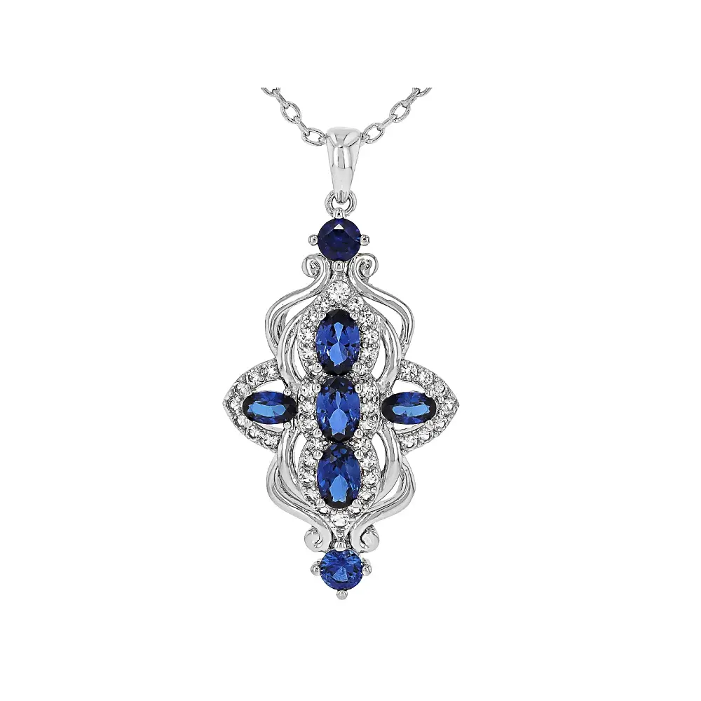 JTV Lab-Created Blue & White Sapphire Rhodium-Plated Brass Pendant with Cable Chain, 2.95ctw, Jewelry, Oval, Lobster Claw Clasp, Unisex