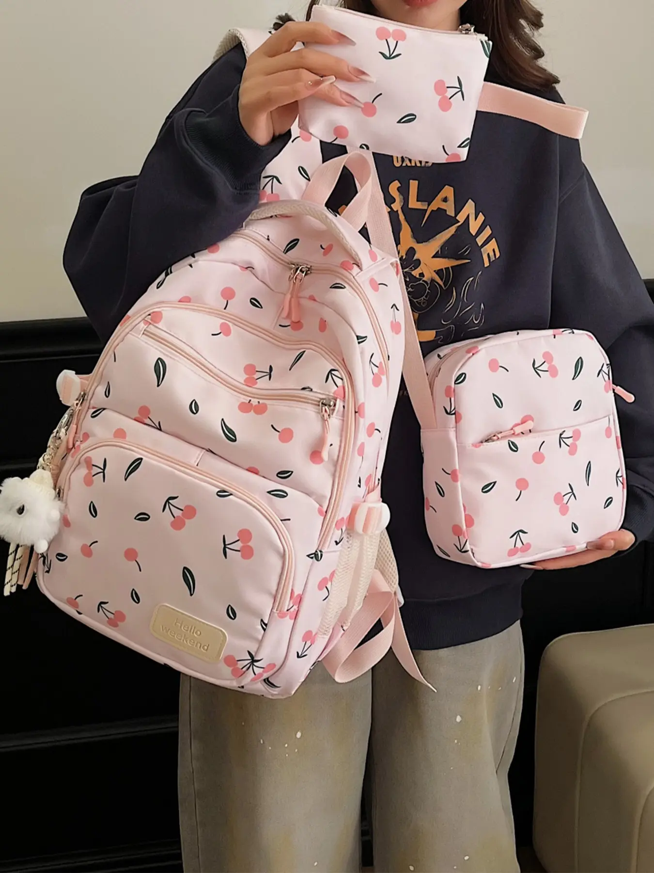 3pcs  Women's backpack, portable backpack, Durable backpack, Casual backpack, printed backpack, cherry print zipper closure, fashionable and versatile, suitable for students to go to school, campus, go shopping, women's backpack, Backpacks Women