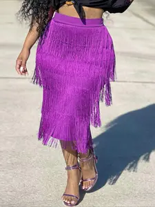 Elegant High-Waisted Fringe Solid Midi Skirt, Perfect for Summer Parties and Events, Stylish Fitted Design for All Seasons