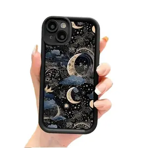 Star and Moon Creative Pattern, New Grooved Trapezoidal Mobile Phone Case, Fun Simple, Fashionable Personality, Trendy Suitable for Men and Women for iPhone 17/16/15/14/13/12/11 Pro Max,