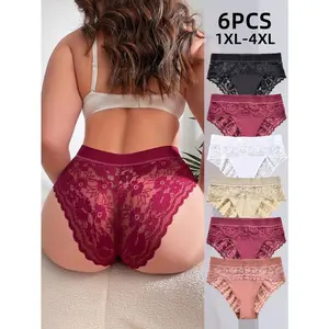 Velquin 6PCS Plus Size Women's Sexy Lace Plus Size Women's Underwear, Close Fitting, Breathable,Comfortable, High Elasticity Plus Size Women's Underwear Womenswear Knit Panties Solid Clothes Basic