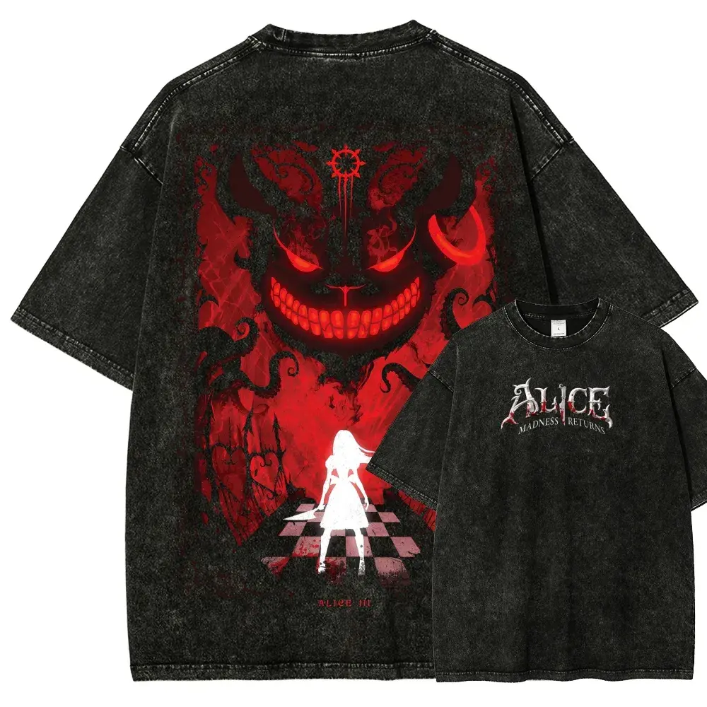 Alice Madness Returns Inspired Washed Black Graphic T Shirt, Dark Fantasy Demon Skull Print Oversized Vintage Tee, 100% Cotton Streetwear Shirt, Retro Gothic Casual Top for Gaming Fans, Anime Lovers & Everyday Wear