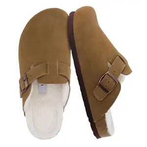 CUSHIONAIRE Women's Hana Cork footbed clog with Genuine Leather upper, Faux Fur lining, and +Comfort Brown 9