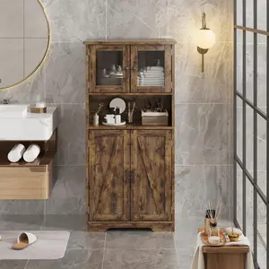 Storage Cabinets, 54 Inch Tall Hutch Bar Cabinet with Glass Doors and Adjustable Shelves, Wooden Kitchen Pantry Storage Cabinet, for Living Room,Rustic Brown