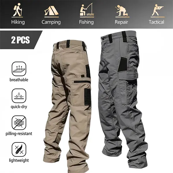 Multiple options (2-pack, 1-pack).Men’s tactical pants, slightly stretchy waterproof fabric.1-pack option available.Durable hard shell construction, wear-resistant workwear pants with checkered fabric.Suitable for hiking, casual wear, and work.Multi-