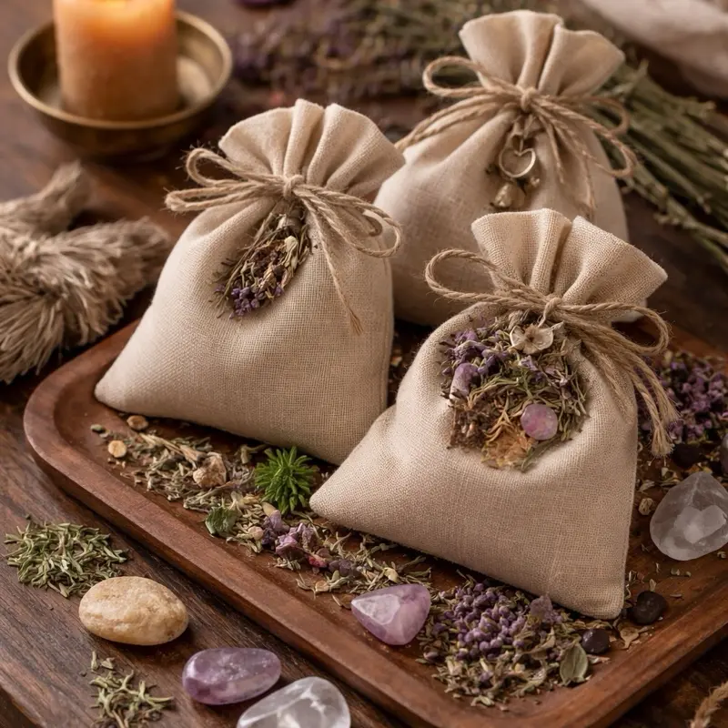 Personalized Mojo Bag - Handcrafted Linen Pouch with Dried Herbs and Crystals for Aromatherapy and Relaxation