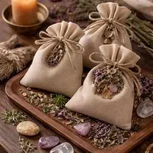 Personalized Mojo Bag - Handcrafted Linen Pouch with Dried Herbs and Crystals for Aromatherapy and Relaxation