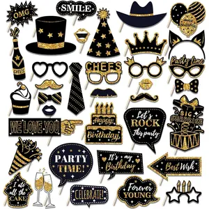 36-Piece Birthday Photo Booth Props Set, Gold Theme Decorations for Birthdays, Celebrations, Weddings, New Year Parties, Party Event Props