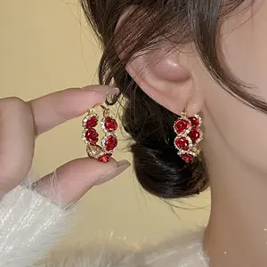 Shiny's new trendy fashion design red rose earrings exude elegance and beauty, DDES0164 exquisite earrings for women, 14K Gold-Plated