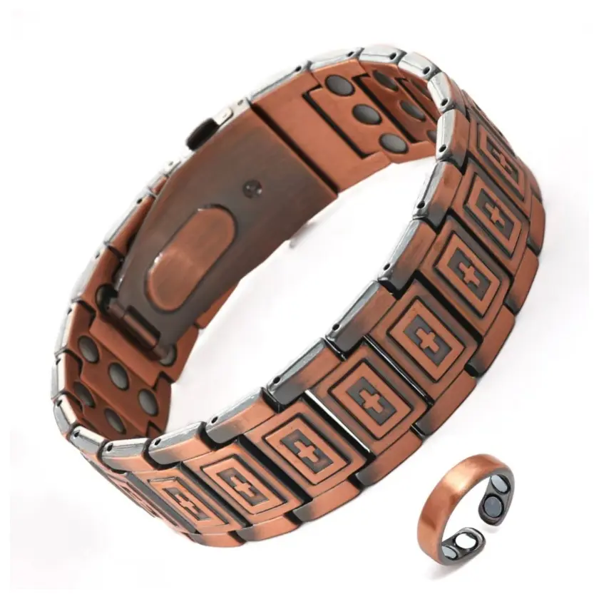 Men's Copper Metal Magnetic Therapy Jewelry Set - Cross Motif Bracelet & Ring, Crucifix Print, Casual Wear Accessory for Health & Style, Ideal Fathers Day Gift, Set Pair, Daily, Male, Father's Day, Magnetic Wellness Jewelry