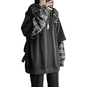 Emo streetwear vintage hoodie for women and men — oversized sweatshirt, punk patchwork pullover, grunge plaid hoodie