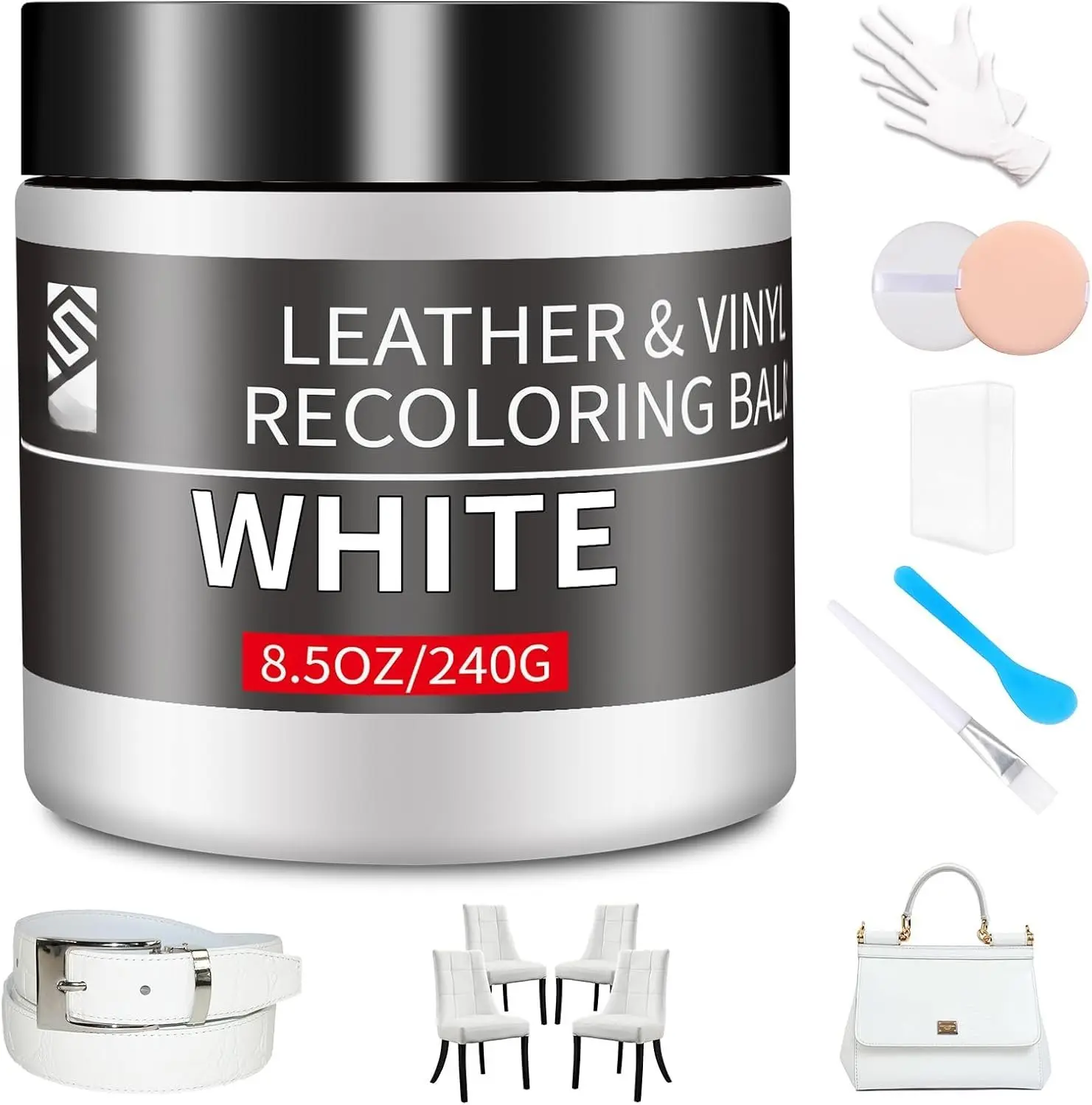 Leather Recoloring Balm,8.5oz Leather Color Restorer,White Leather Repair kit for Furniture and  Interior,Leather Couch Scratch Repair,Leather Dye  for Faded,Cracked and Damaged Leather