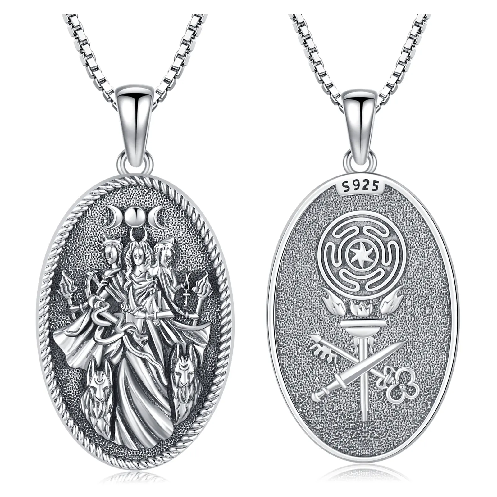 DRINSPER Hecate 925 Sterling Silver Triple Moon Pendant Necklace, Ancient Greek Mythology Goddess Jewelry for Women, Magic & Feminism Themed Moon Amulet