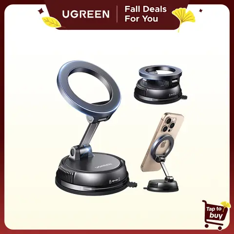 UGREEN Magnetic Cell Phone Car Mount-Upgraded Version with Smooth-Surface Grip, 360° Adjustable Foldable Suction, Reattaches with Ease, GPS/Mirror Ready for Hands-Free Driving,Compatible with iPhone 17/16 Pro Max/15 & Android (Non-Reusable)