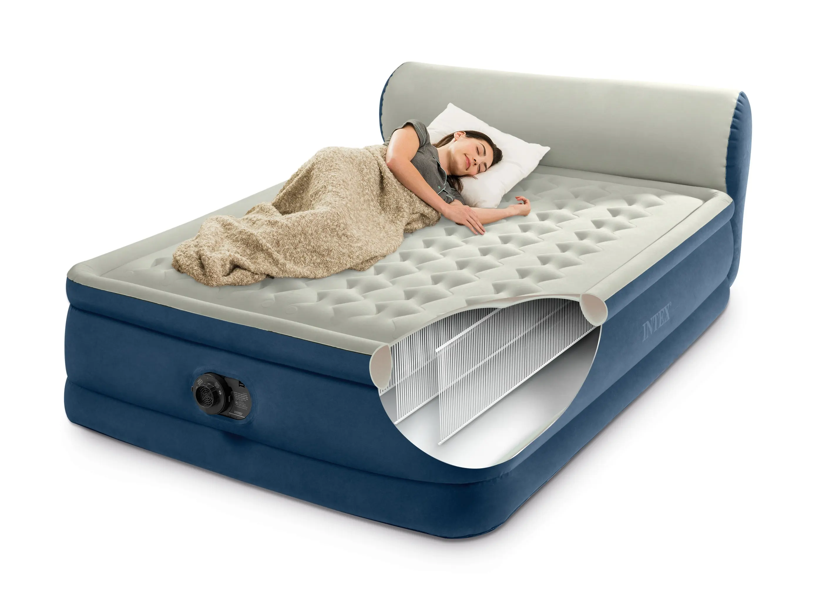 Intex Queen Dura-Beam Deluxe Raised Air Bed Mattress - 18" with Built-in Pump, Headboard, Blue