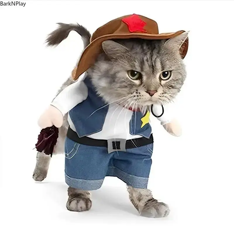Funny Cowboy Pet Costume Jumpsuit, Dog and Cat Hoodie Outfit with Jeans Style Design for Halloween and Parties, Cute Polyester Puppy Clothes for Small Medium Pets Sizes S-XL