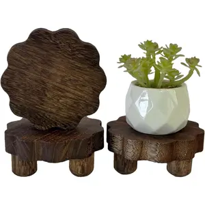 3 Pack Tiny Scalloped Wood Risers for Display Small Wooden Stands with Removable Feet Farmhouse Rustic Decor for Table Tiered Trays Home Kitchen Decoration (Mini Dark Brown, 4 Inch)