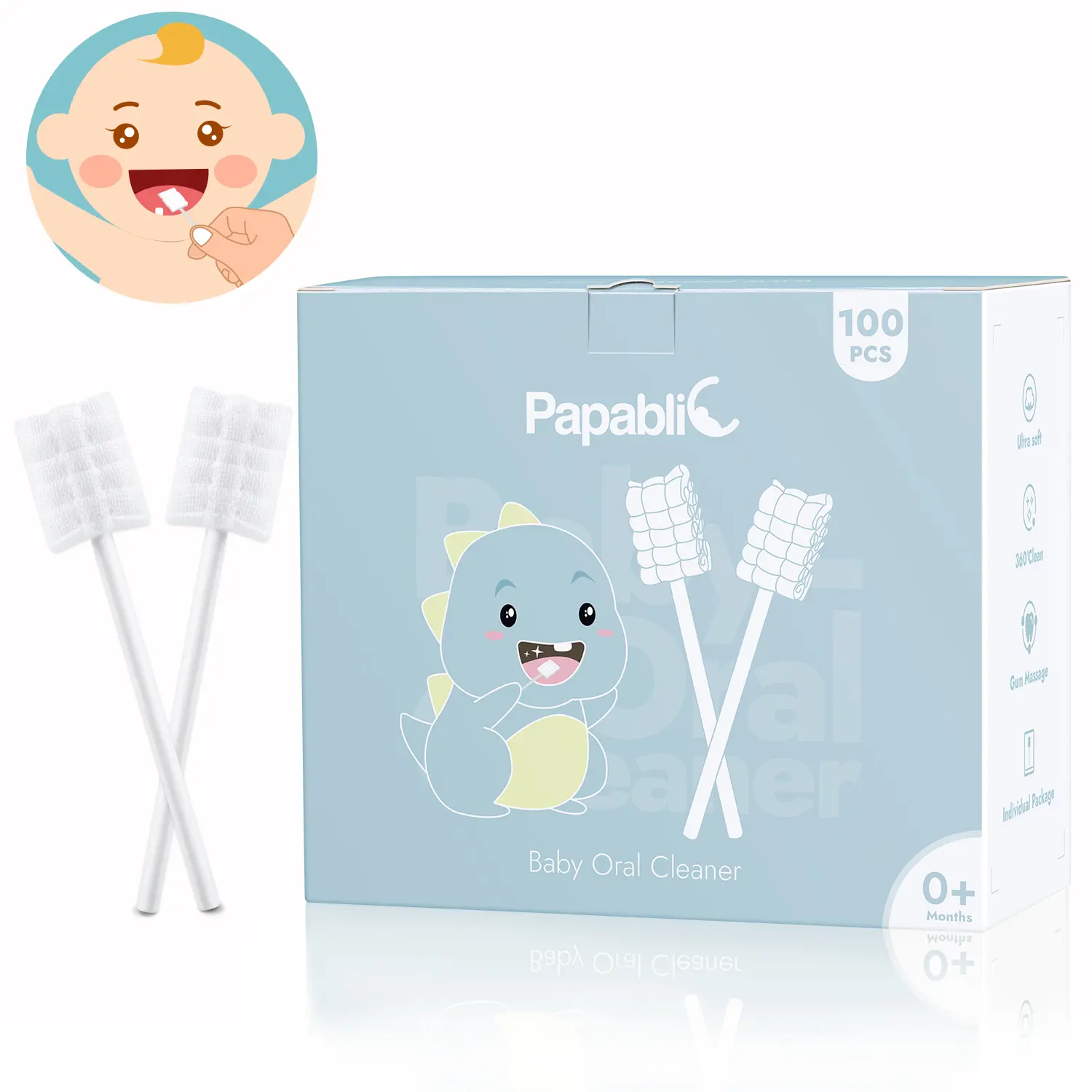 Papablic Disposable Baby Tongue Cleaners, 100-Pack Medical Grade Gauze Swabs (Swab Shape) for Newborns & Infants (0-24M), Flexible, Gentle Fit, Individually Wrapped, Gum Coating Prevention, Flexes to Reach, Double Stitch