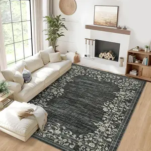 Washable Area Rug Low Pile Non-slip Carpet Flower Printed Carpet Soft Foldable Carpet For Bedroom Corridor Living Room Office Dining Room