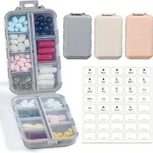 3 Pack, 14 GRIDS Travel Pill Organizer Box with Labels - Travel Medicine Case Kit - Pocket Daily Pharmacy Container - Travel Medication Holder Dispenser for Fish Oil Vitamin Supplement Storage