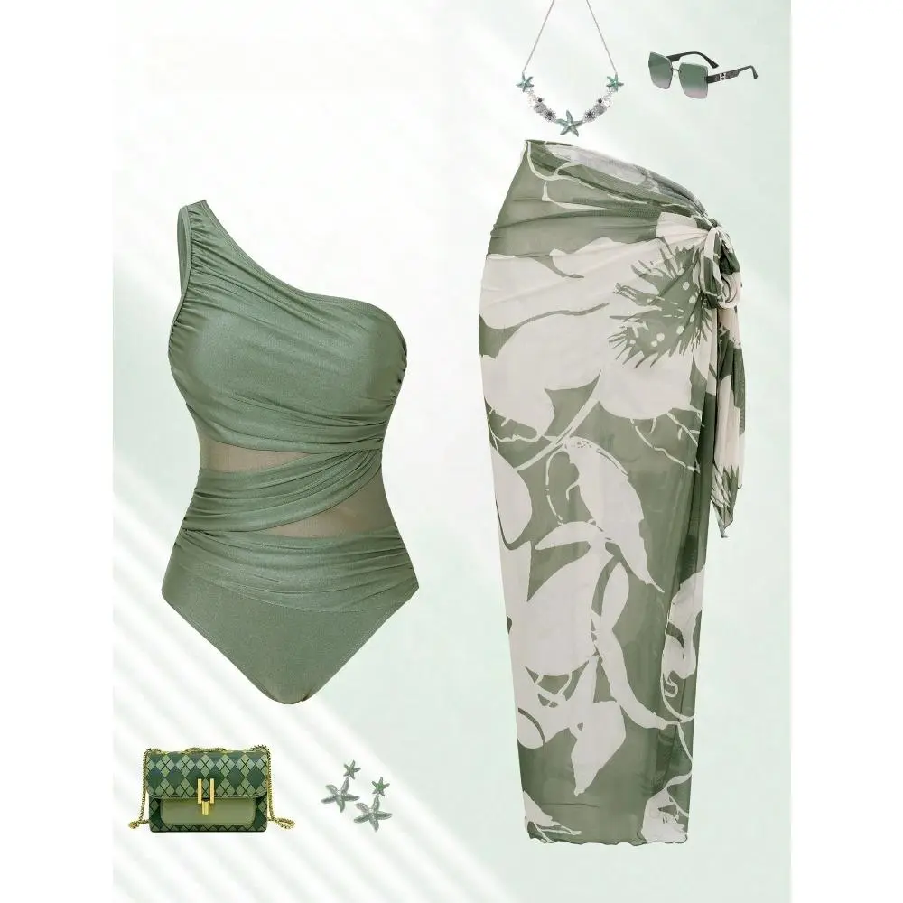 Women's 1-Piece Vintage Asymmetric Neck Bathing Suit - Modest Full Cup Mesh, Pleated Skirt, Tummy Control Sage Green Swimsuit for Beach Vacation, Pool Party, One Piece Swimsuit