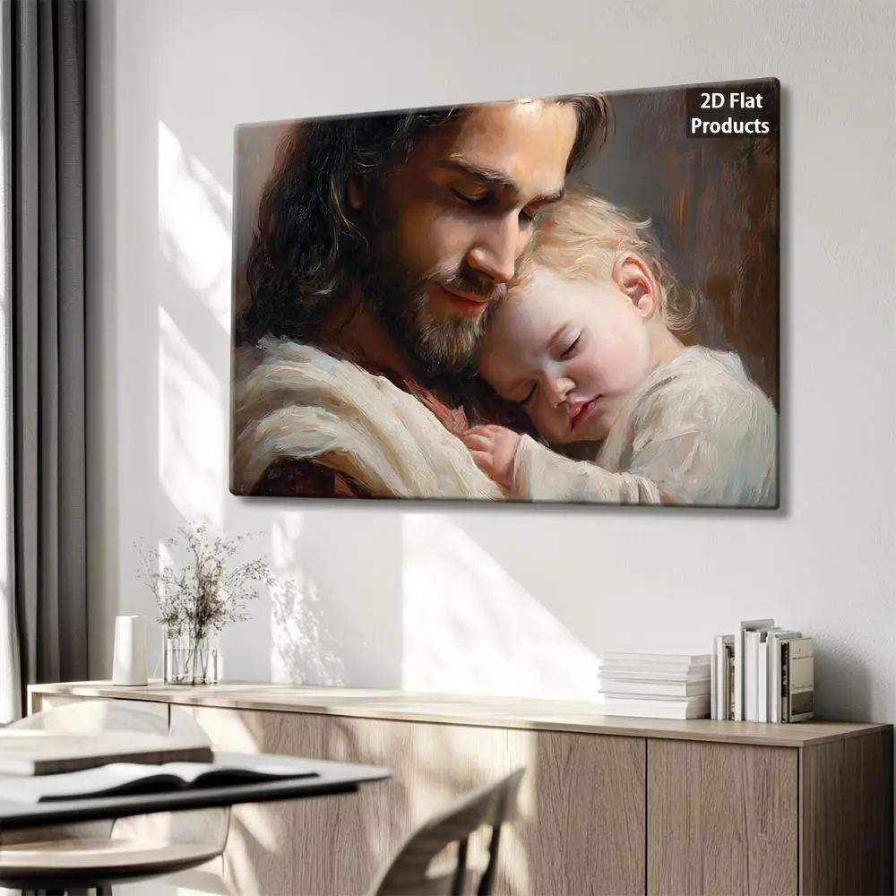 2D Flat Framed Religious Wall Art Print - Jesus & Baby Imagery, Colorful Vintage Style, Custom Name-Photo Option, Multi-Size, Ideal for Prayer Room, Housewarming Gift, Printing Available for Home Decor