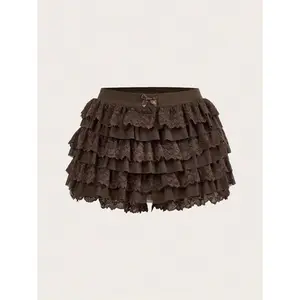 SummerWomenSweetBowKawaiiMeshContrastLaceRuffleTrimLowWaistMicroMiniShortsSummerShortsBeachHoliday,BrownRuffleShortsWomenswearBottomFitFabricTieredBasicCasualMinimalist