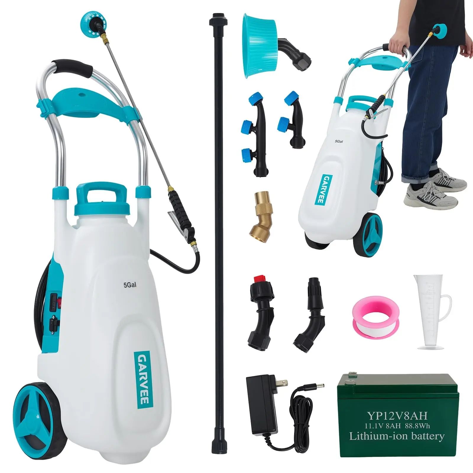 5.3-Gallon Battery Powered Sprayer with Wheeled Cart – 12V 8Ah Electric Yard Sprayer Featuring 6 Nozzles, 2 Wands, Adjustable 90 PSI Pressure, Trigger Lock, and 4-6 Hour Runtime for Lawn and Garden Care